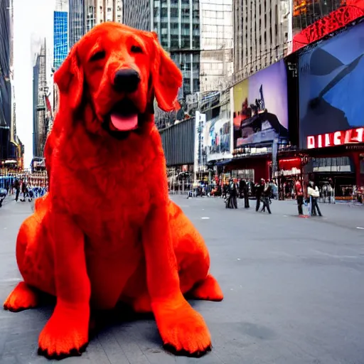 Image similar to a long shot of Clifford a big red dog 25 feet tall photographed in New York City, Times Square avenue barking at random tourists, 4k, detailed