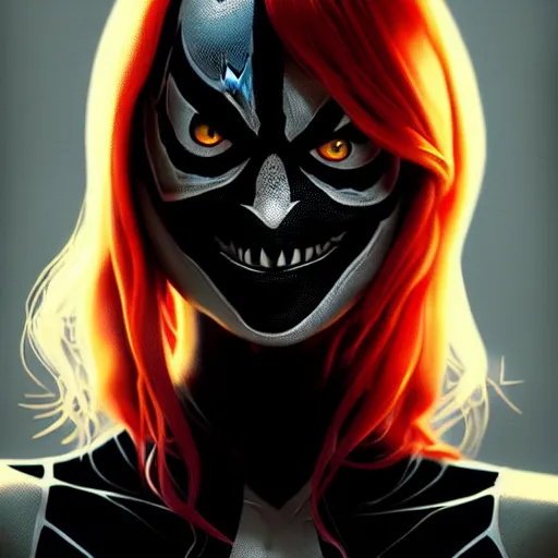 Image similar to gorgeous female Emma Stone as Spider-Gwen as venom sharp teeth, realistic character concept, medium shot, evil pose, comic book, illustration, slender symmetrical body, artstation, cinematic lighting, hyperdetailed, Tom Bagshaw, Joshua Middleton, single face, insanely detailed and intricate, dark and smokey background