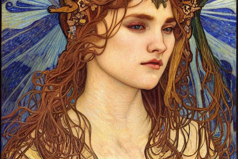 Image similar to detailed realistic beautiful young medieval queen face portrait by jean delville, alphonse mucha, vincent van gogh, and marco mazzoni, art nouveau, symbolist, visionary, gothic, pre - raphaelite