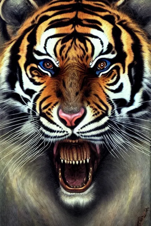 Image similar to hyper realistic portrait of a fierce tiger in the style of wayne barlowe, gustav moreau, goward, bussiere, roberto ferri, santiago caruso, luis ricardo falero, austin osman spare