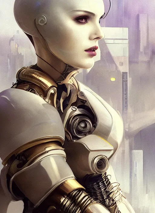 Prompt: beautiful delicate imaginative streamlined elegant futuristic close up portrait of a cyberpunk female sitting with elegant deadly looks, mechanical body on gold linings, smooth white and soft by ruan jia, tom bagshaw, alphonse mucha, krenz cushart, beautiful cyberpunk buildings in the background, epic sky, vray render, artstation, deviantart, pinterest, 5 0 0 px models