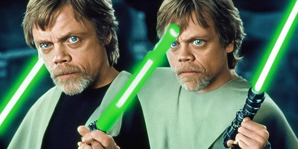 Image similar to a still from a film featuring middle aged mark hamill as jedi master luke skywalker, holding a green lightsaber by the hilt, full body, 3 5 mm, directed by steven spielberg, 1 9 9 9