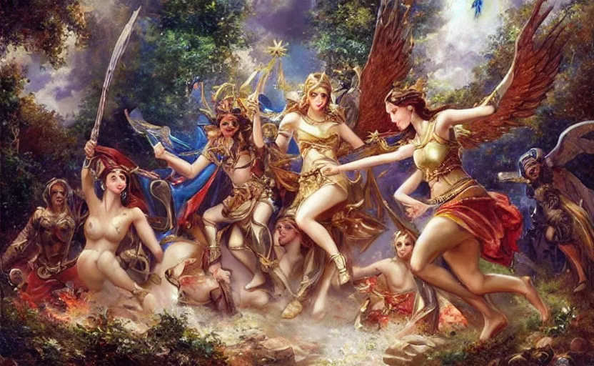 Prompt: The epic battle of elves and angels on the ancient ruins. By Konstantin Razumov, highly detailded