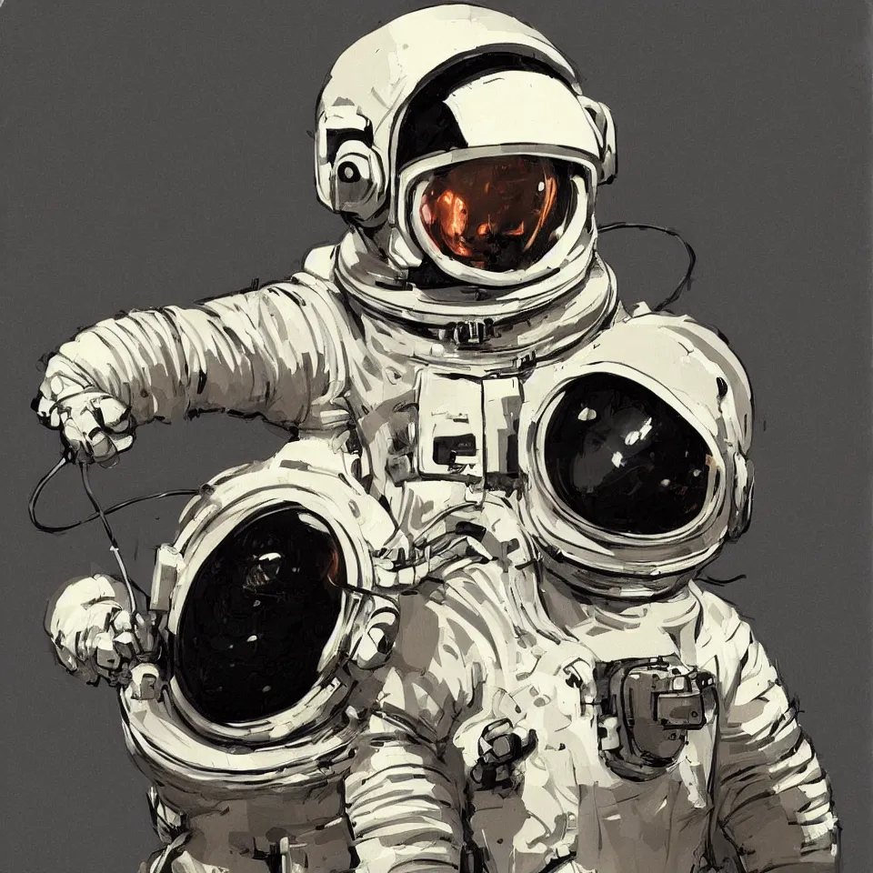 Image similar to a detailed concept art of a astronaut helmet wearing a headphone by ashley wood, digital painting, digital art, beautiful, dynamic lighting, cinematic, epic composition, masterpiece