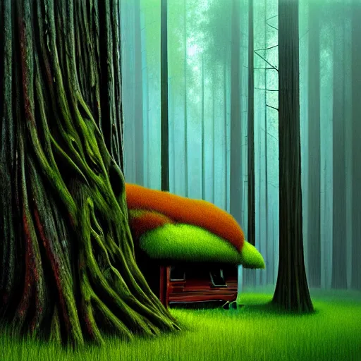 Image similar to treehut, redwood, moss, big forrest, by alex andreev, landscape, high contrast, digital