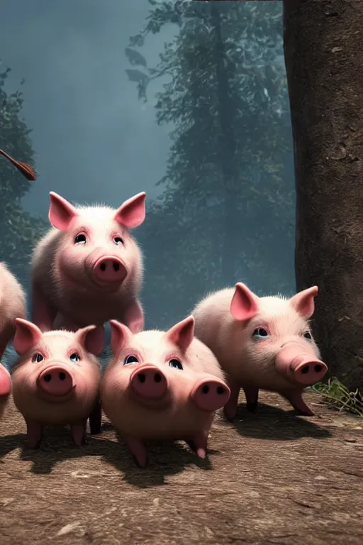 Prompt: three funny little pigs playing with the wolf who is begging for mercy. cinematic lighting, unreal engine, 8 k, hd extremely detailed. 4 k. award winning. ultra realistic photo.