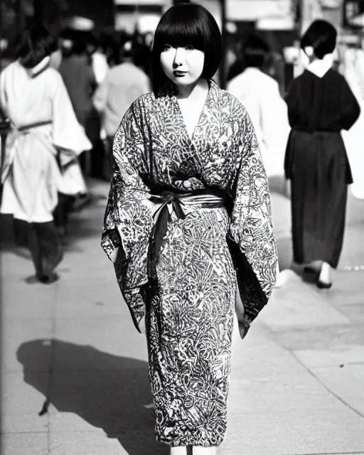 Image similar to photo of a trendy japanese woman with bangs in 1966, wearing a loose kimono, artistic, street scene, waist length