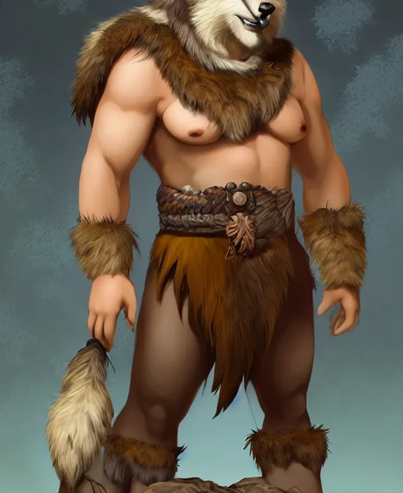 Image similar to burly tough character feature portrait of the anthro male anthropomorphic wolf fursona animal person wearing tribal primitive caveman loincloth outfit belt standing in the entrance to the cave, center framed character design stylized by charlie bowater, ross tran, artgerm, makoto shinkai, detailed, soft lighting, rendered in octane