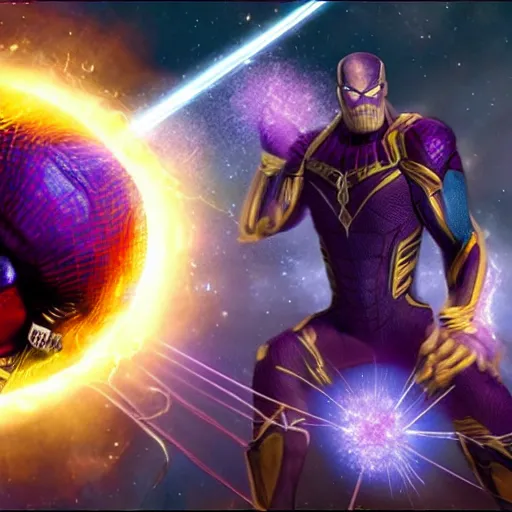Image similar to thanos fighting spider man in space photo realistic