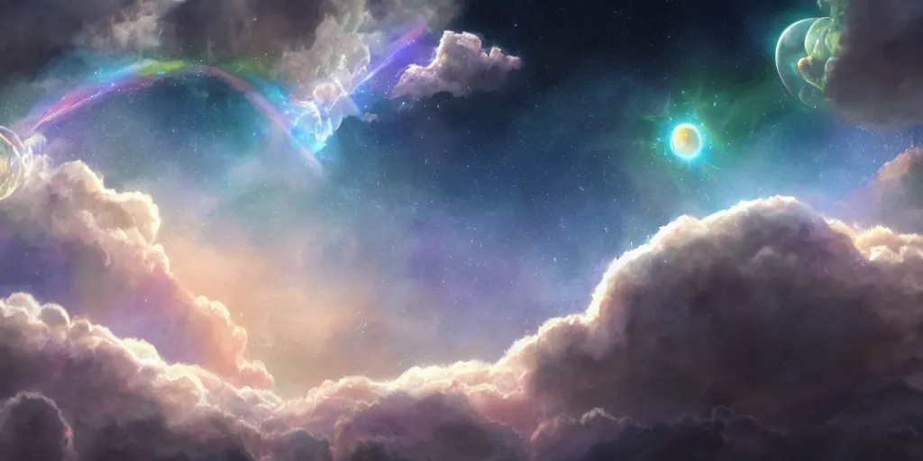 Image similar to Cosmic inflation bubbles peaking through the clouds, ascended master floating in the center emitting rays of consciousness concept art, matte painting, 8k, highly detailed, artstation, fluffy clouds, high quality,