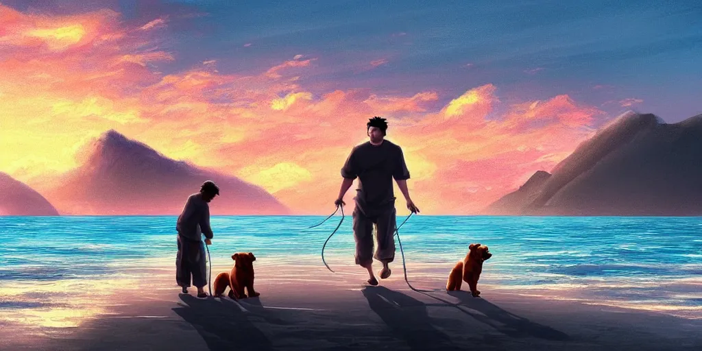 Prompt: an intricate concept illustration of a man with his chowchow dog a beach beside a mountains on sunset, cinematic, hyper realistic, intricate details, anime style, concept art, cinematic lighting, dramatic lighting
