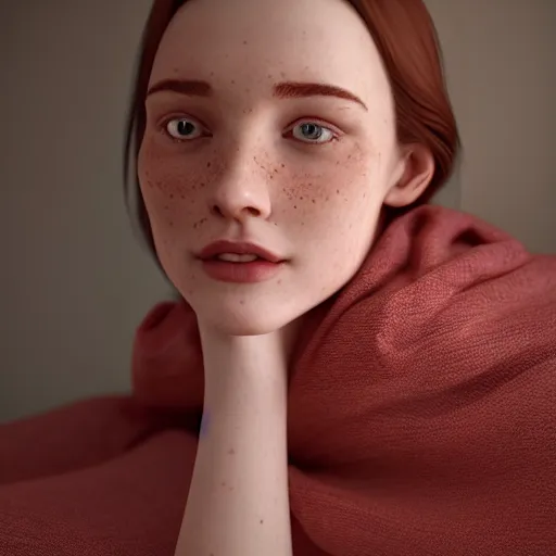 Image similar to portrait of a cute thin young woman, red blush, cute freckles wearing casual clothes, small smile, relaxing on a couch, cozy under a blanket, cozy living room, close up shot, 8 k, octane render, trending on artstation, art by artgerm and irakli nadar,, hyperrealism, hyperdetailed, ultra realistic