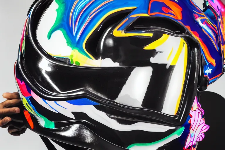 Image similar to photo of a glossy black marble statue of a girl with colorful motocross logos and motorcycle helmet with reflective mirrored visor, carved marble statue, fine art, in the style of virgil abloh, 8 k, 4 k, detailed, realistic, beautiful, symmetrical