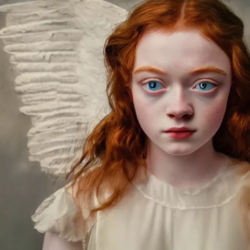 Image similar to sadie sink realistic expired kodak film full body portrait of an angel performer,, hyperrealism, hypermaxiymalism, photorealistic, detailed, atmospheric, 8 k, award winning photography, cinematic