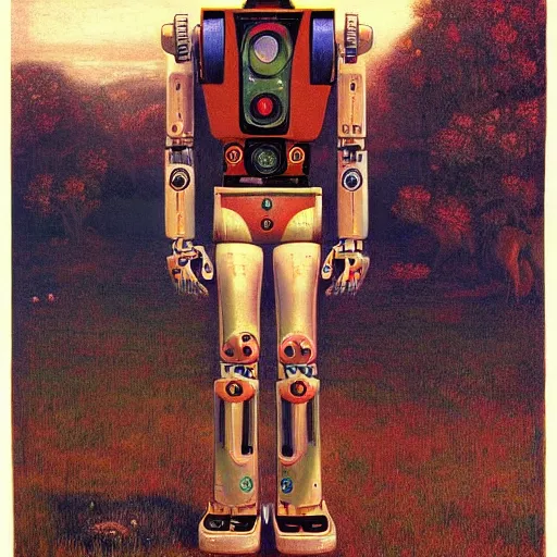 Image similar to A colorful, detailed print - A portrait of a robot standing in a field. by Arnold Bocklin and Barclay Shaw, masterful print. 4k, unreal engine stunning Art Nouveau