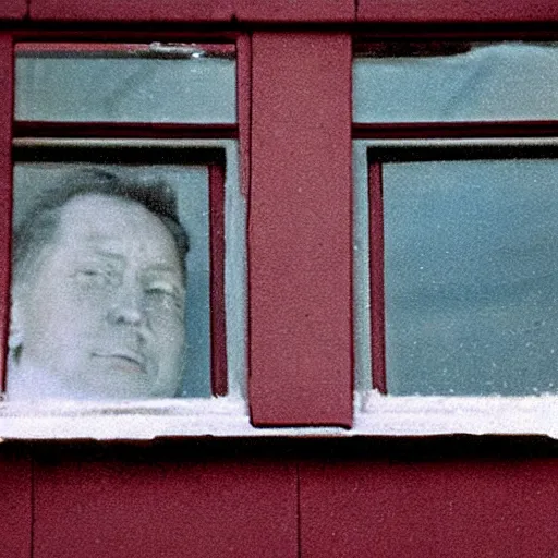 Image similar to zoomed cropped closeup of unexpected voyeuristic eye contact with neighbor in window, technicolor, telephoto lens, vintage photograph