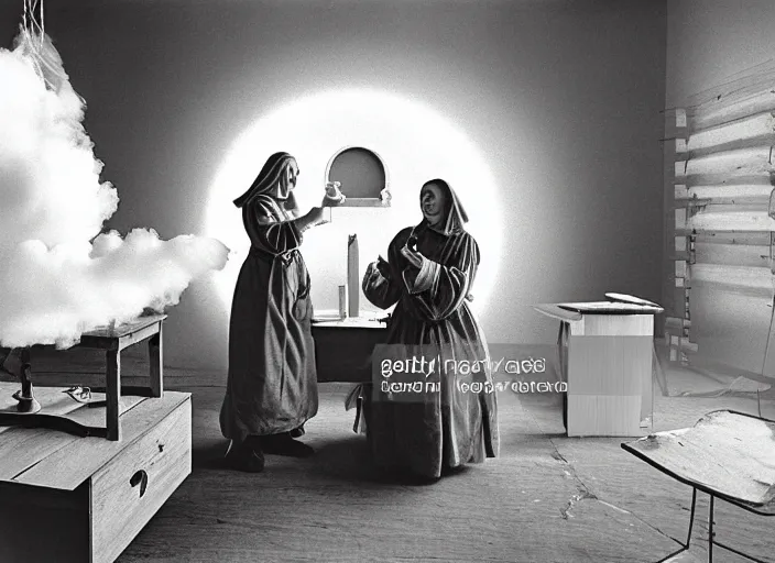 Image similar to realistic photo two medieval female scientists doing an experiment with a cloud and rainbow, living room interior is made of wood 1 9 9 0, life magazine reportage photo