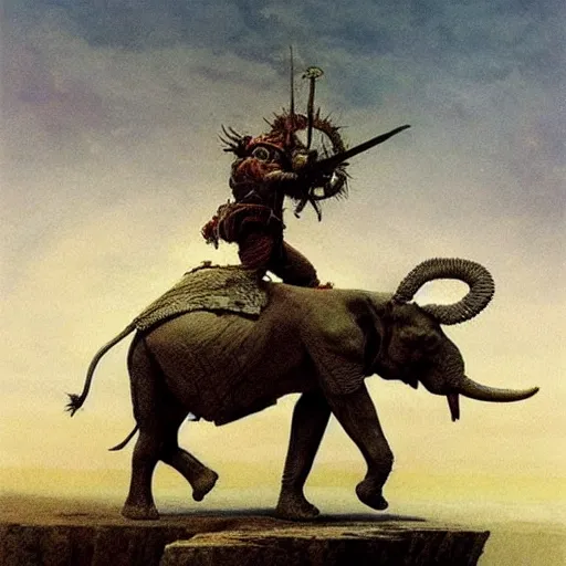 Image similar to tribal warrior riding a war elephant concept art, by beksinski