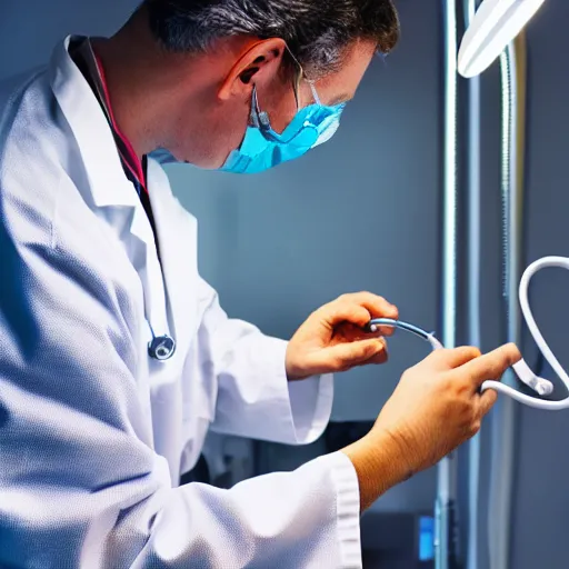 Image similar to doctor using a stethoscope to examine a tortoise under bright operating room lights, closeup, wide angle, backlit