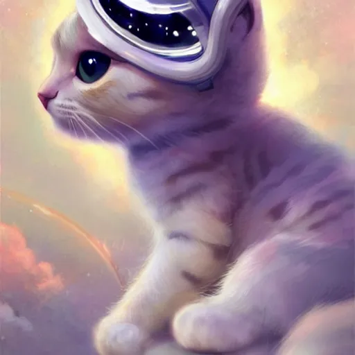 Image similar to head and shoulders masterpiece portrait of a cute adorable cat wearing a spacesuit, surreal background, digital art by krenz cushart, trending on artstation, cgsociety,