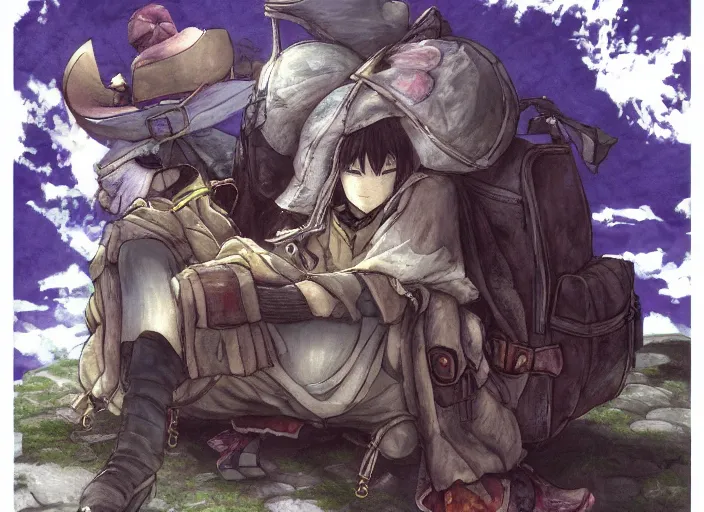 Image similar to JRPG art, a fullbody illustration of a mysterious wandering merchant sitting down wearing a large, tall backpack piled high with textiles, furs, and miscellaneous objects, in the style of yoshitaka amano