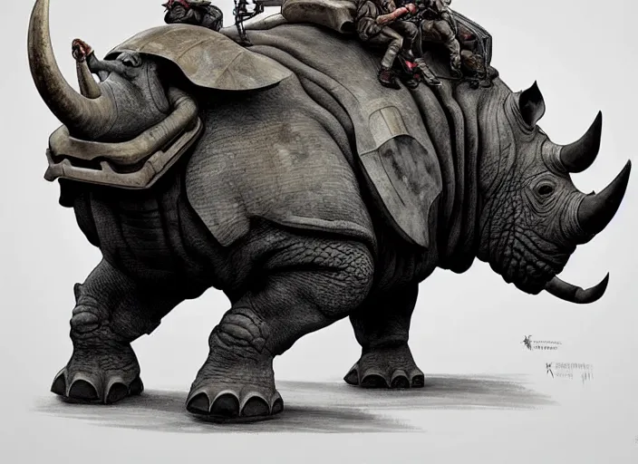 Prompt: a giant anthropomorfic rhino with a giant cannon in his back, using a exoskeleton, technology, elegant, highly detailed, digital painting, artstation, concept art, smooth, sharp focus, illustration, art by krenz cushart and artem demura and alphonse mucha