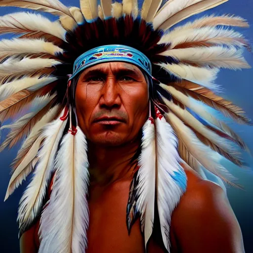 Prompt: painting portrait of a native american wearing a white feather headdress, artstation, ultra detailed