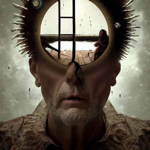 Image similar to michal karcz surrealism painting of the Jim Carrey as an all seeing God. His eyes are watching everything. , horror theme, detailed, elegant, intricate, 4k,