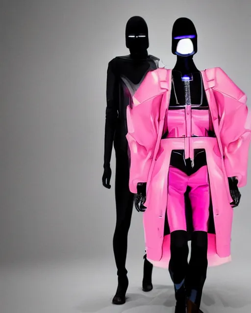 Image similar to an award winning fashion photograph for Balenciaga's futuristic cyberpunk Bladerunner 2049 fall line, hyperrealism, dazzle camouflage!, dayglo pink, dayglo blue, raven black