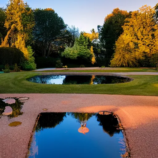 Image similar to reflective pond in the backyard of a millionaire mansion, golden hour, 8 k