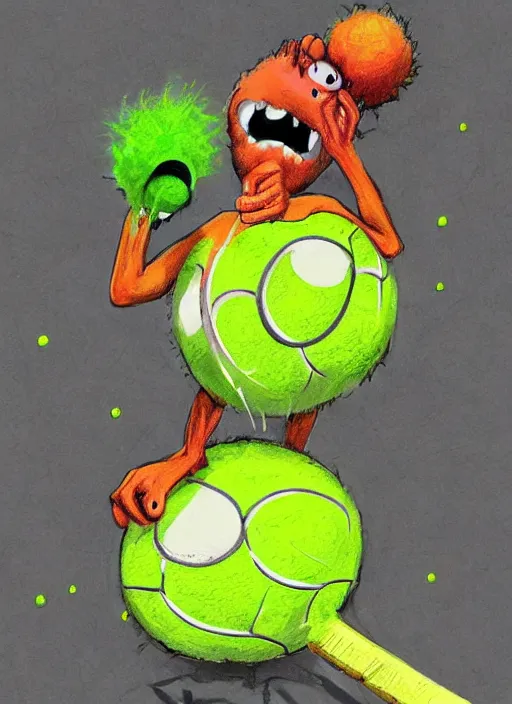 Image similar to tennis ball monsters playing tennis, a tennis ball monster, tennis ball, colorful, digital art, fantasy, magic, trending on artstation, ultra detailed, professional illustration, chalk, poster artwork by basil gogos, clean