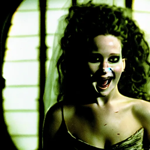 Prompt: jennifer lawrence as the bride of frankenstein, color photography, sharp detail, wicked smile, still from the movie van helsing