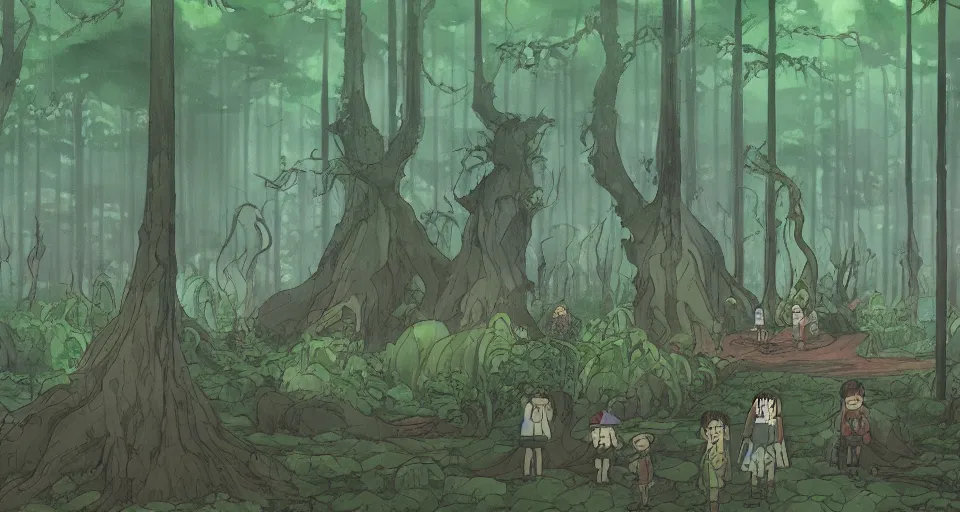 Prompt: A dense and dark enchanted forest with a swamp, by Studio Ghibli