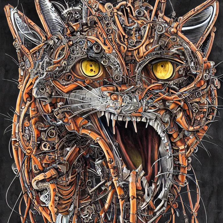 Image similar to detailed portrait artwork of a biomechanical lynx by subjekt zero. colored centered uncut. slightly lowbrow. influenced by andrei riabovitchev and igor goryunov.