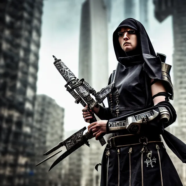 Image similar to cyberpunk armoured nun warrior with holy weapons, highly detailed, 8 k, hdr, smooth, sharp focus, high resolution, award - winning photo