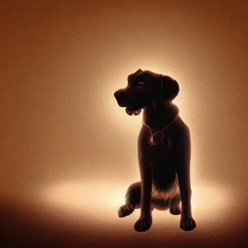 Image similar to cinematic portrait of strange kazakh drugged dog, concept art, glowing light