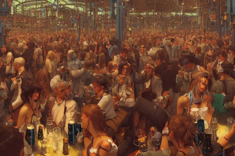Prompt: crowded cyberpunk oktoberfest beer hall, several pretty women, by BROM, by Greg Rutkowski, by Milo Manara, 3d scene, render, ultra realistic, artstation, cgsociety, level design, unreal engine, 3d scene, zenith view