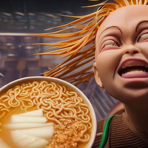 Prompt: Korbin Dallas from the movie The Fifth Element eating a bowl of ramen, 8k resolution, extremely detailed, octane render