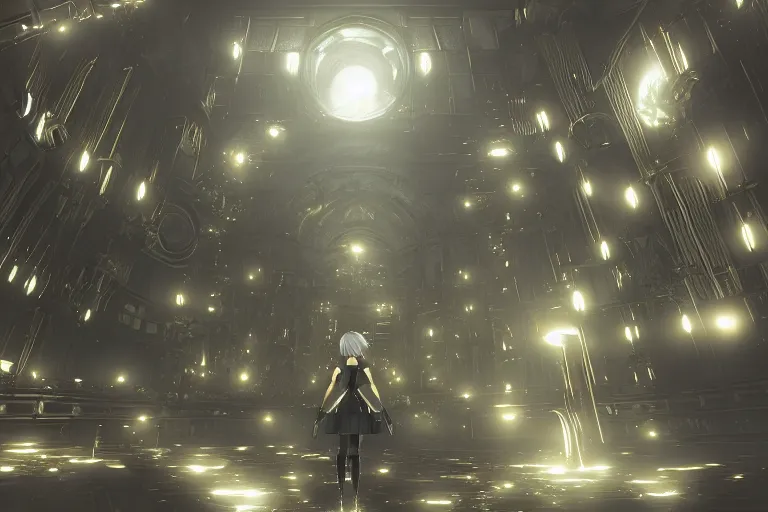 Image similar to nier automata concept scenery. antiinfinity gold trim. antimirror pixiv scenery art. antibiomechanical nier automata. anticeramic antiextension. infinitely detailed. luminous! light! magic!