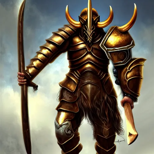 Prompt: Giant minotaur humanoid beast warrior with two handed axe, horned helmet, concept art, heavy knight golden armor, paladin, hyperrealism, high details, digital painting, dark fantasy