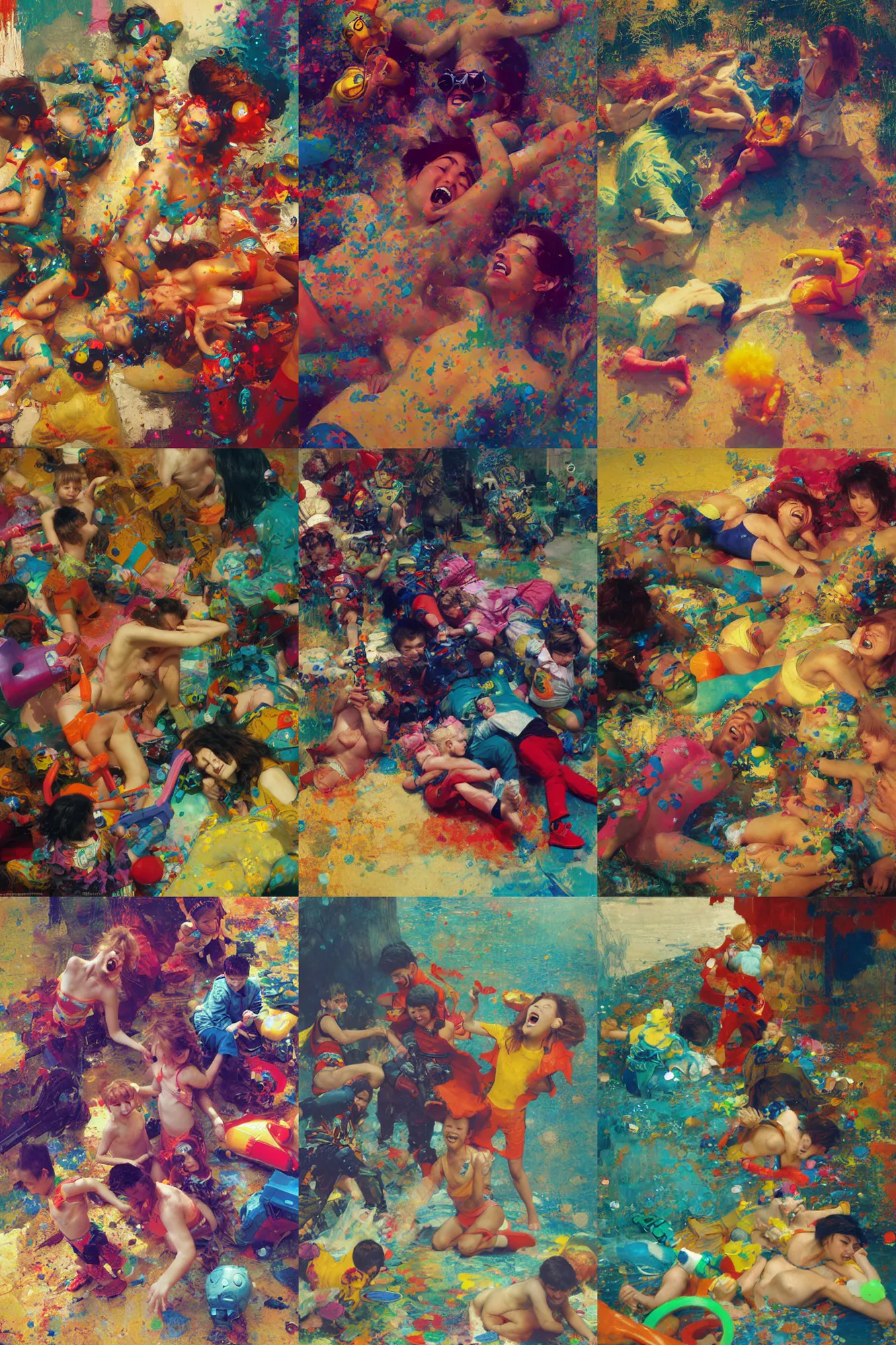 Prompt: laughing and playing with bright colored 9 0 s supersoakers by waterhouse, craig mullins, ruan jia, gustave klimt