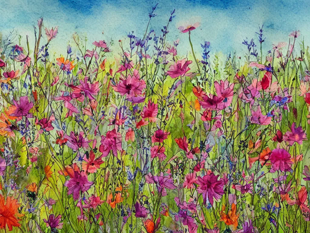 Image similar to a beautiful watercolor painting of wildflowers blooming in the sonoran desert, fantasy illustration