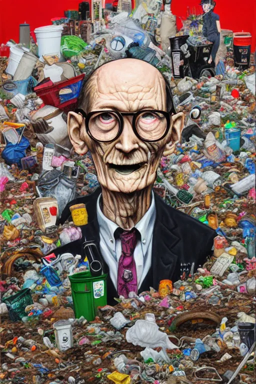 Image similar to full view, from a distance, of anthropomorphic trashcan william s burroughs, full of trash, style of yoshii chie and hikari shimoda and martine johanna, highly detailed