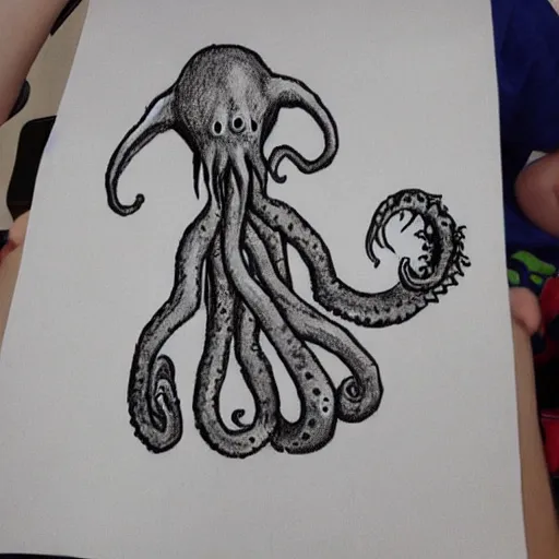 Prompt: “ a child ’ s drawing of himself with his imaginary friend cthulhu ”