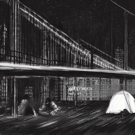 Prompt: homeless mans sit in a tent under the bridge, new york, night, concept art, very detalisation, black and white