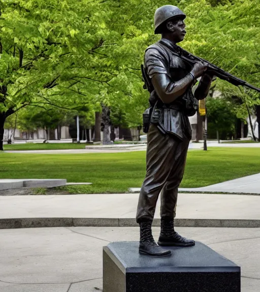 Prompt: a 4 k photorealistic photo medium shot of a bronze statue of an american soldier holding a rifle in a park