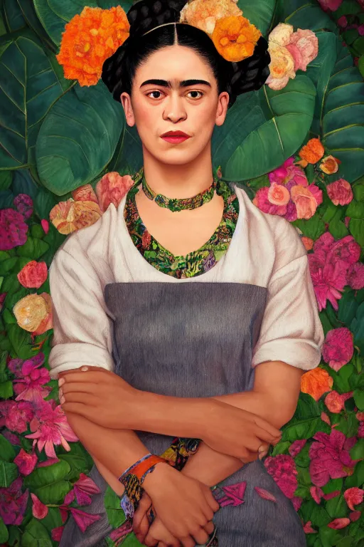 Image similar to camila cabello as frida kahlo, looking down, au naturel, hyper detailed, digital art, trending in artstation, cinematic lighting, studio quality, smooth render, unreal engine 5 rendered, octane rendered, art style by klimt and nixeu and ian sprigger and wlop and krenz cushart