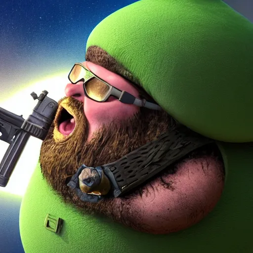 Prompt: highly detailed octane render of a short ugly fat man with a giant beard, holding a grenade launcher and wearing armour, goggles and a safety hat whilst laughing at a green mushroom cloud surrounded by dead insects in a cave