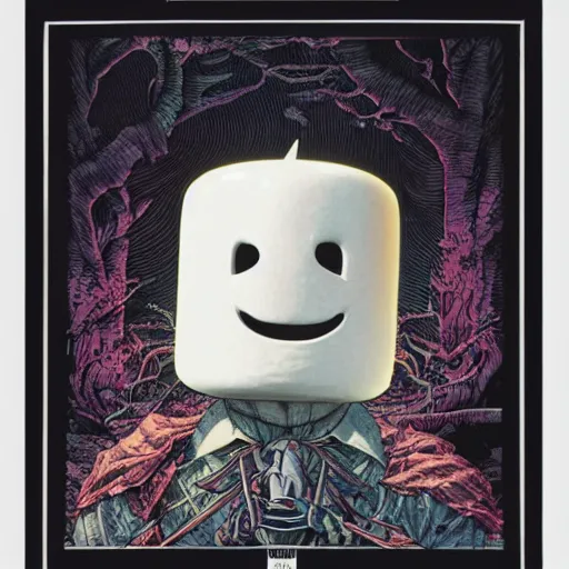 Image similar to portrait of crazy marshmello, symmetrical, by yoichi hatakenaka, masamune shirow, josan gonzales and dan mumford, ayami kojima, takato yamamoto, barclay shaw, karol bak, yukito kishiro