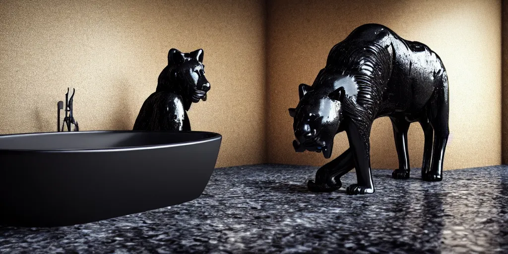 Image similar to the black lioness made of tar, bathing in the bathtub filled with tar, dripping tar, drooling goo, sticky black goo, photography, dslr, reflections, black goo, rim lighting, modern bathroom, hyper realistic, 8 k resolution, unreal engine 5, raytracing